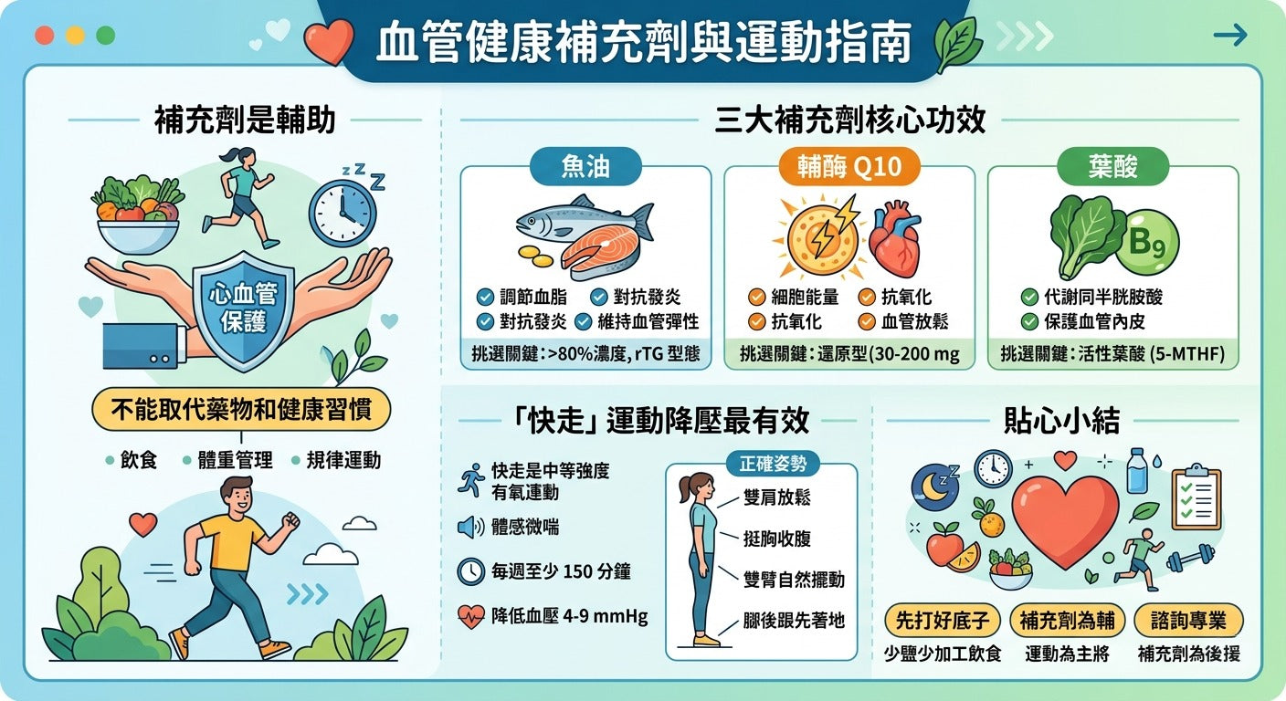 血管健康補充劑怎麼選?魚油、輔酶 Q10、葉酸一次看!搭配「這項運動」降壓最有效
