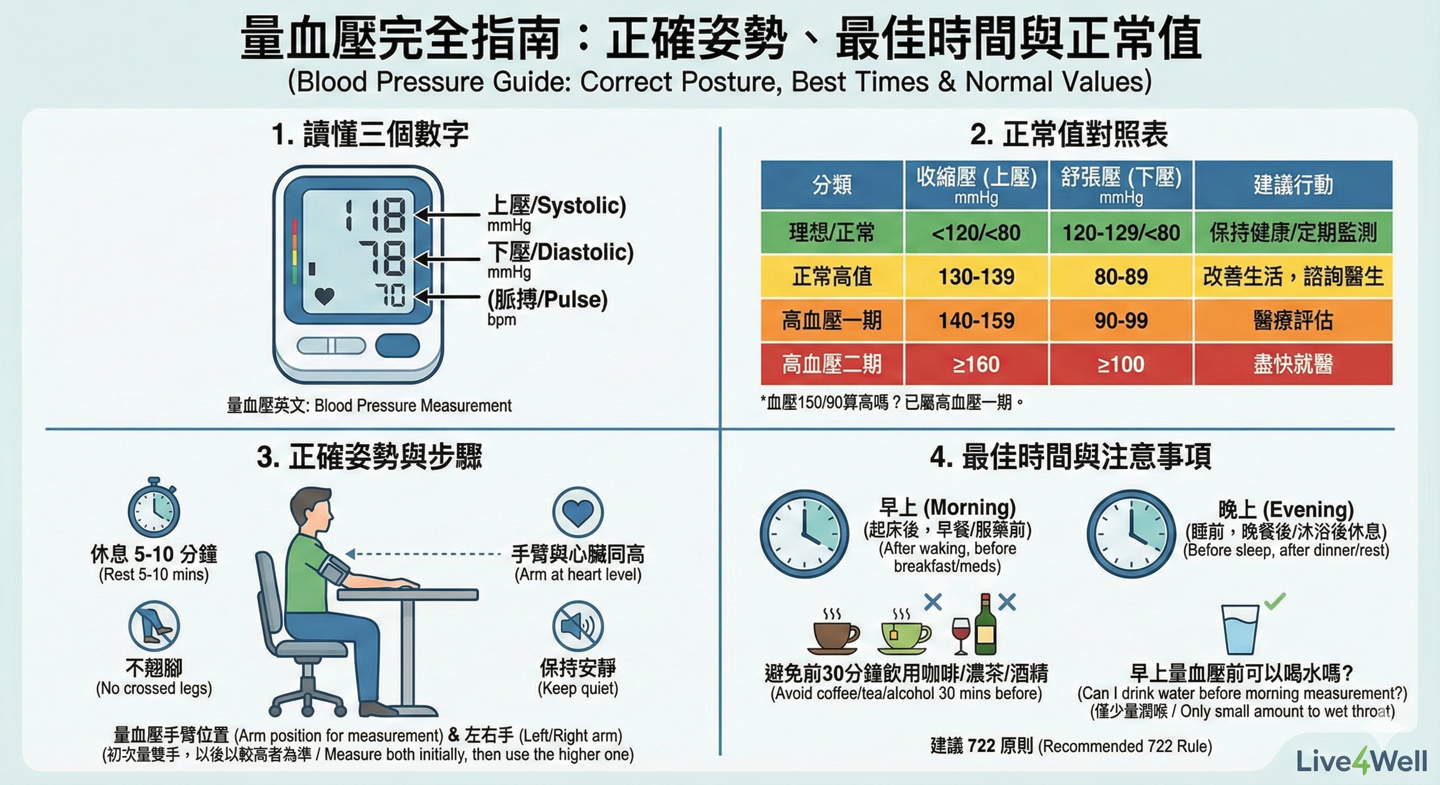 量血壓完全指南：正確姿勢、最佳時間與正常值對照表
